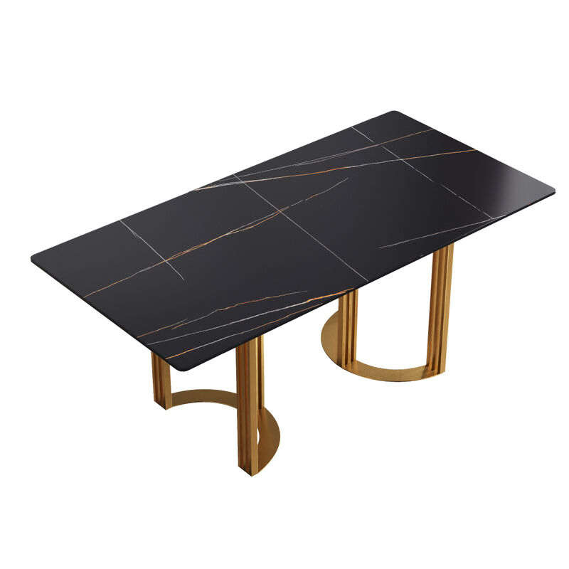 70.87" modern artificial stone white straight edge golden metal leg dining table-can accommodate 6-8 people