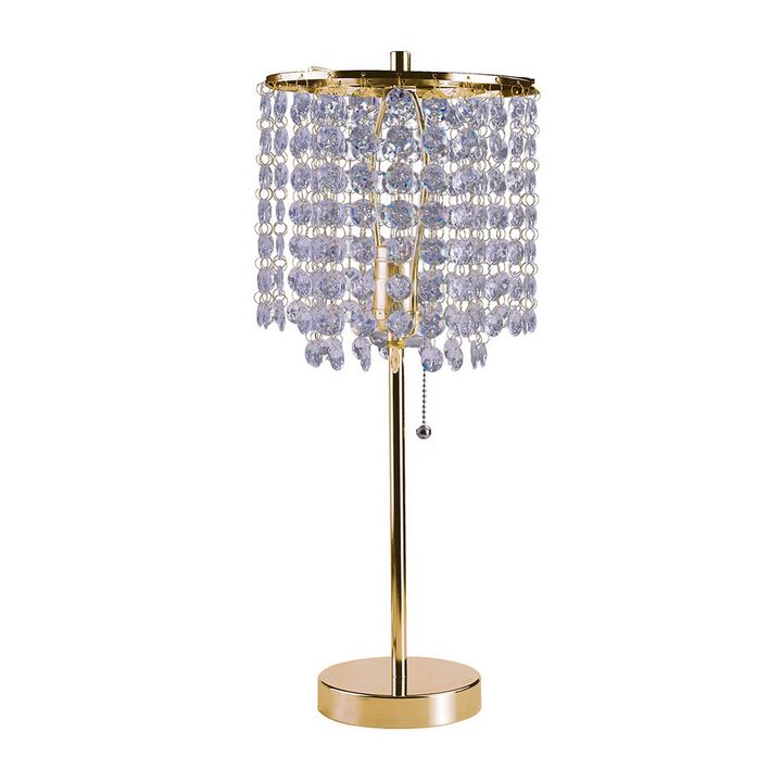 Metal Stalk Design Table Lamp with Hanging Crystals Shade, Gold-Benzara