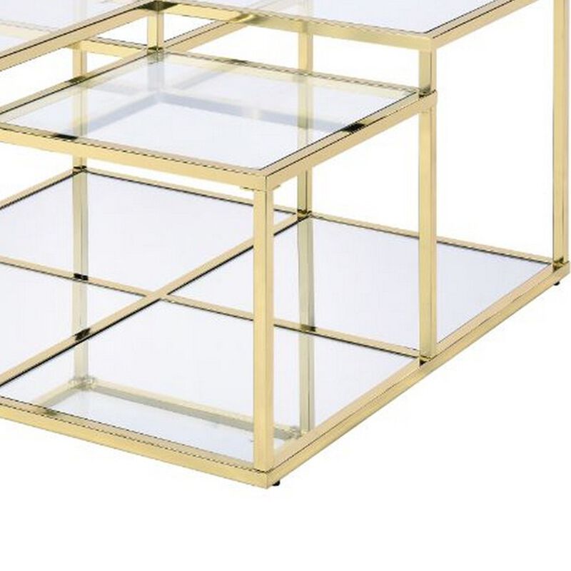 Coffee Table with Glass Top and Tubular Frame, Gold