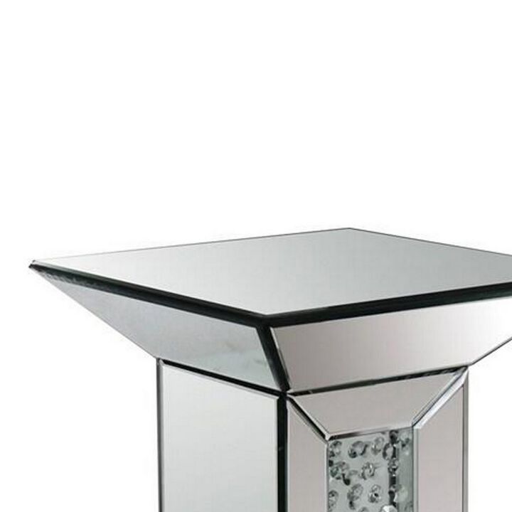 24 Inch Modern End Table, Square Mirror Top, Faux Crystals Inlay, Silver-Benzara