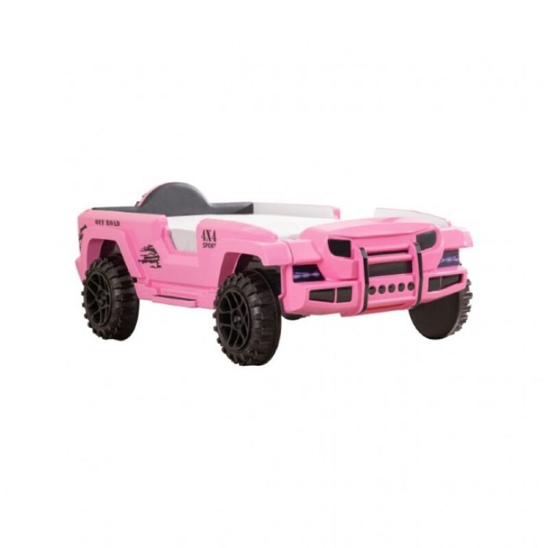 Randy SUV Twin Bed with Lights and Sound Effects, Pink Faux Leather - Benzara