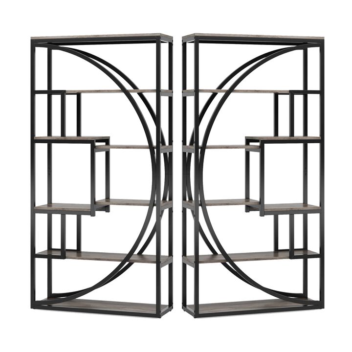 Modern Bookcase, 5 Tier Geometric Display Shelves, 71 Inch Black Metal - Benzara
