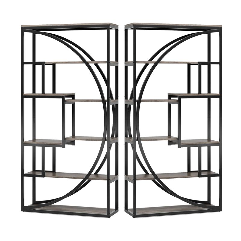 Modern Bookcase, 5 Tier Geometric Display Shelves, 71 Inch Black Metal - Benzara