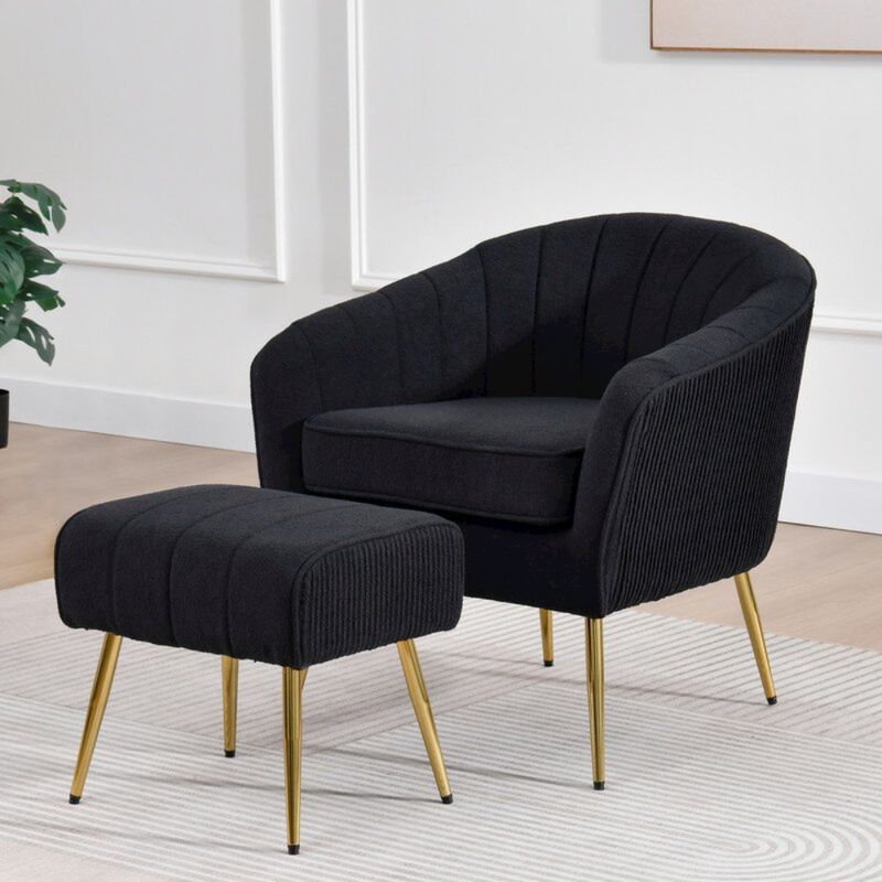 Best Quality Furniture 2 Piece Barrel Chair With Matching Ottoman In Black And Gold