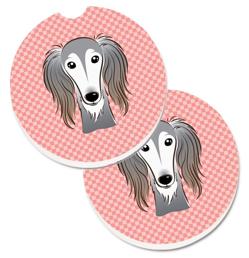 Caroline's Treasures Checkerboard Pink Saluki Set of 2 Cup Holder Car Coasters BB1229CARC, 2.56, Multicolor
