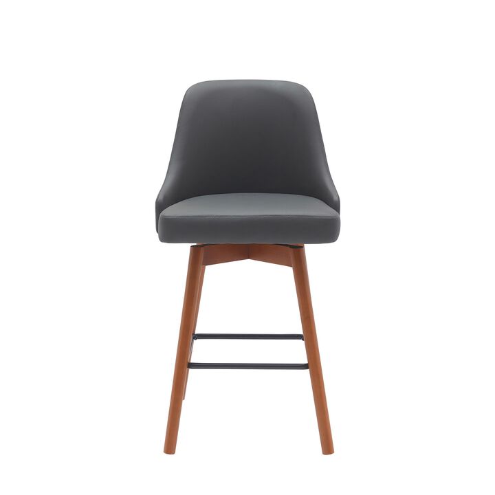 Sean 26 Inch Counter Stool Chair, Swivel, Parson, Gray Faux Leather, Brown - Benzara