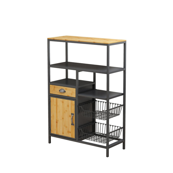 Multipurpose Bookshelf Storage Rack, with Drawer Cabinet and Two Storage Baskets, for Living Room, Home Office, Kitchen