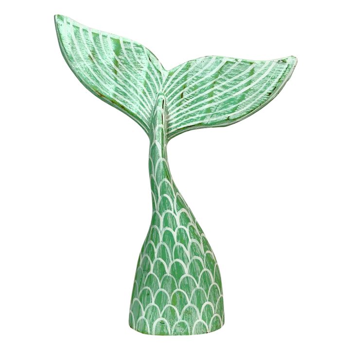 Turquoise Wood Mermaid Tail Sculpture 1375 Coastal Table Decor Ocean Art