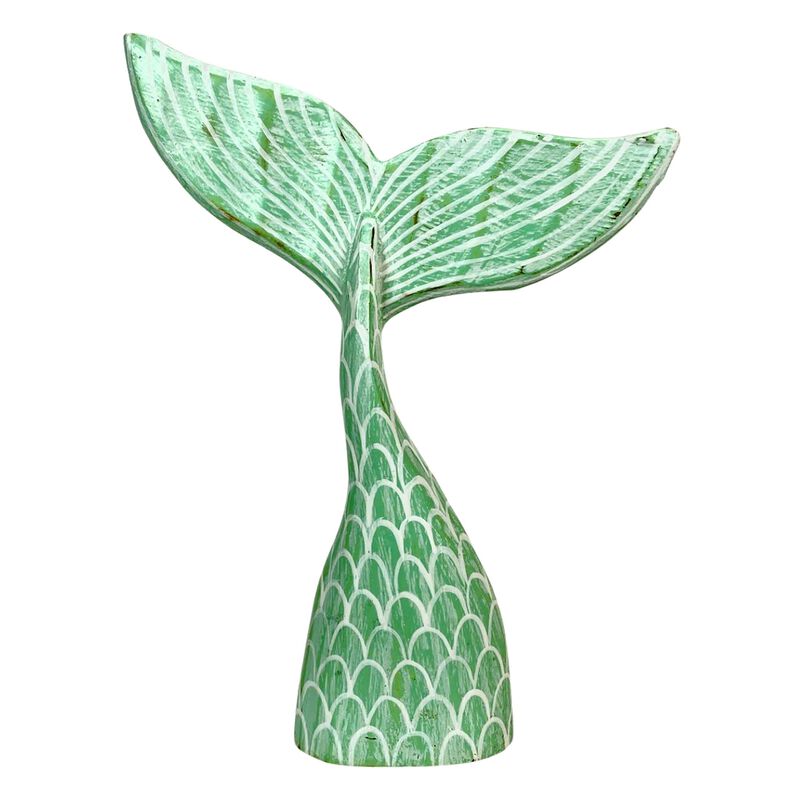 Turquoise Wood Mermaid Tail Sculpture 1375 Coastal Table Decor Ocean Art image number 0