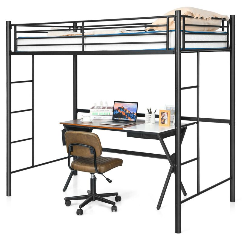 Twin Loft Bed Frame with Dual Ladders and Full-Length Guardrail for Enhanced Safety