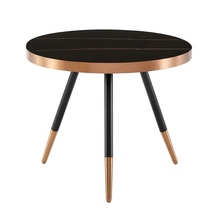 Cid Casu Coffee Table, 20 Inch, Round Black Ceramic Top, Rose Gold Accents - Benzara