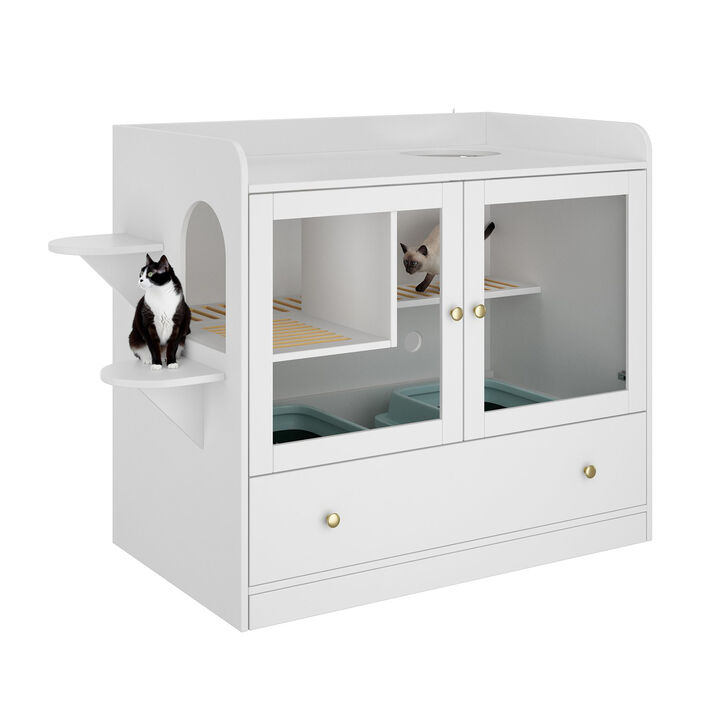 Extra Large Cat Litter Box Furniture Hidden, Cat Condo Pet House with Stairs, Cat Litter House for Living Room, White