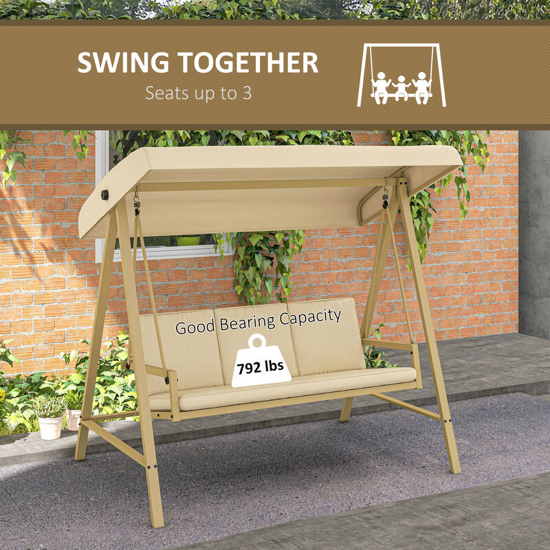 Outsunny 3-Seat Outdoor Porch Swing with Stand, Heavy duty Patio Swing Chair with Adjustable Canopy, Removable Cushions, Breathable Mesh Seat for Garden, Backyard and Poolside, Beige