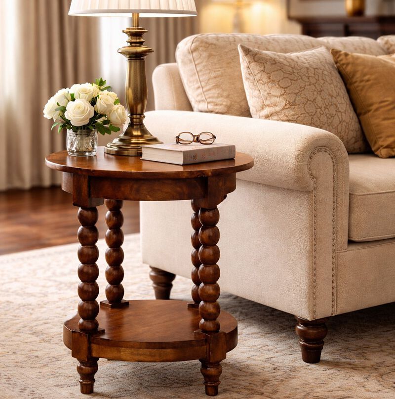 Artisan Furniture Solid Wood Spindle Round Side Table, 1 Open Shelf, Brown image number 1
