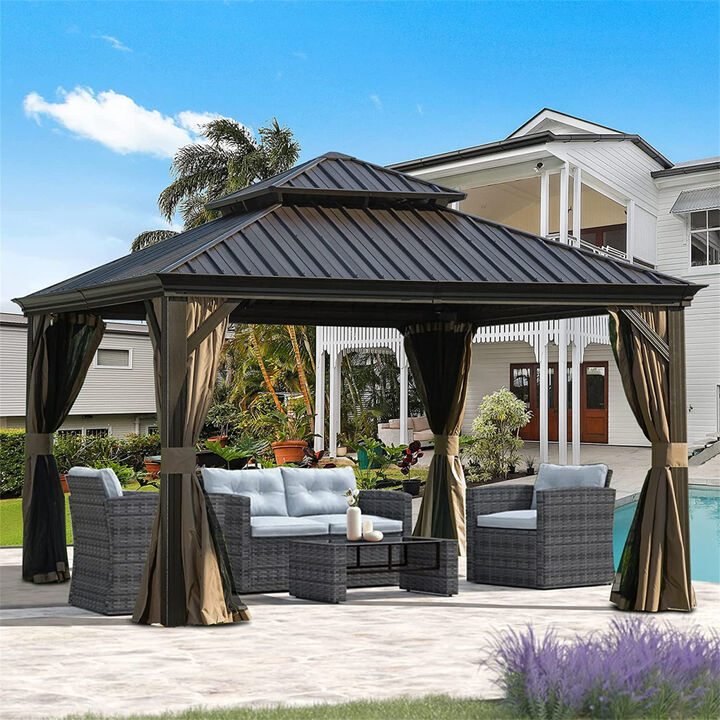 12'x12' Hardtop Gazebo, Outdoor Aluminum Frame Canopy with Galvanized Steel Double Roof, Outdoor Permanent Metal Pavilion with Curtains and Netting for Patio, Backyard and Lawn(Brown)