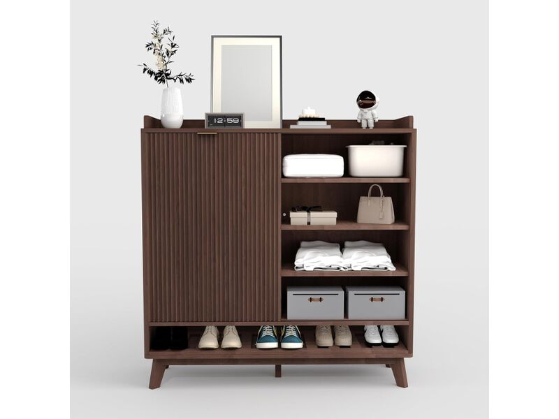 Slim Entryway Wood Shoe Storage Cabinet Flip Drawer Adjustable Shelves image number 1