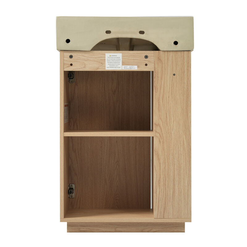 Whisen 21.6" bathroom vanity with ceramic sink, freestanding modern left door wood grain cabinet with open and closed storage