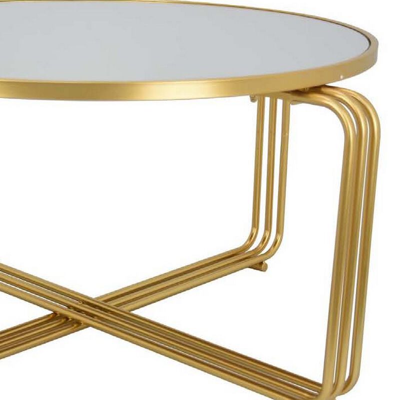 Plant Stand Coffee Table, 37 Inch Round Mirror Top, Modern Gold Metal - Benzara