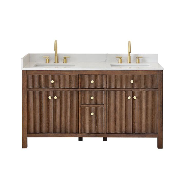 Altair-12 Double Bathroom Vanity in Brown Oak Grain White Engineered Stone Countertop