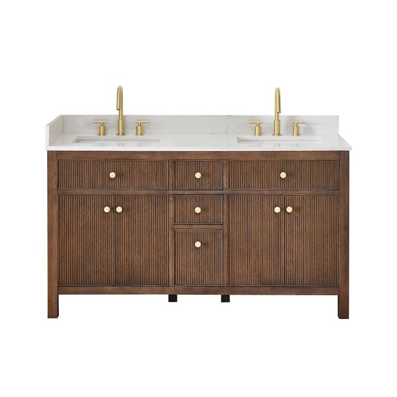 Altair-12 Double Bathroom Vanity in Brown Oak Grain White Engineered Stone Countertop