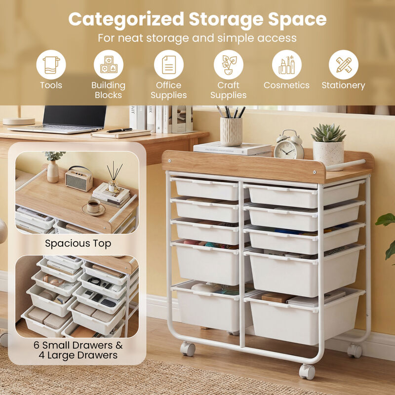 Office Rolling Storage Cart with 10 Drawers, Wooden Tabletop and Locking Wheels image number 6