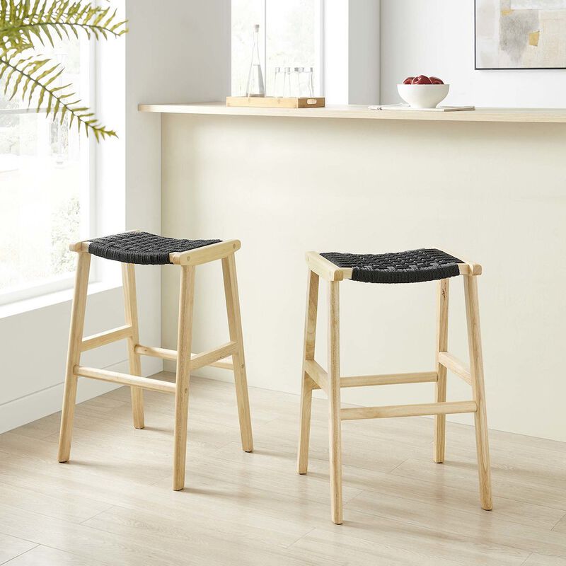 Modway Saoirse Woven Rope Wood Bar Stool - Set of 2 in Natural Black image number 9
