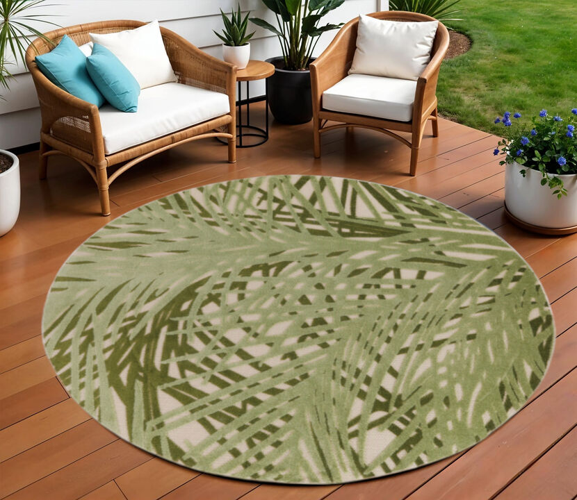 HomeRoots 8' Ivory And Green Round Palm Leaf Indoor Outdoor Area Rug