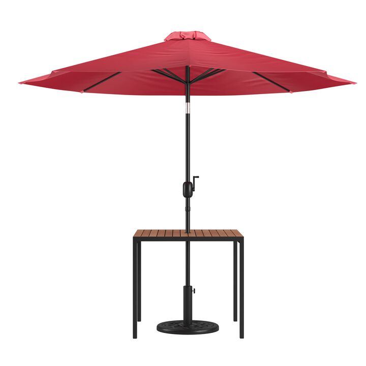 Flash Furniture 3 Piece Outdoor Patio Table Set - Natural Faux Teak Dining Table - 35" Square Synthetic Teak Patio Table with Umbrella Hole - Red Umbrella with Base