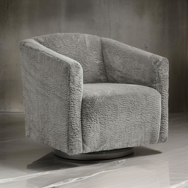 Amanora Accent Chair, Charcoal Gray Faux Rabbit Fur Polyester, Black Metal