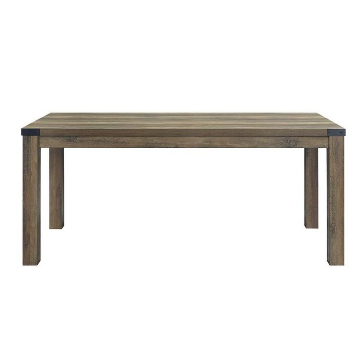 Eli 71 Inch Dining Table, Distressed Rustic Gray, Industrial Metal Rivets