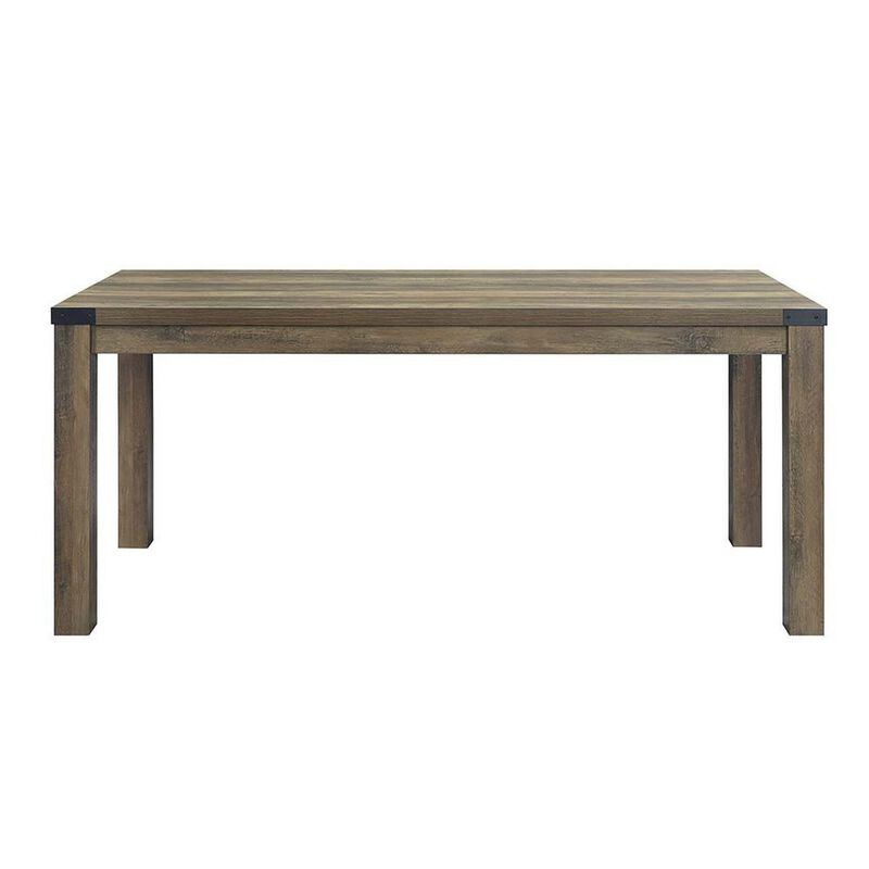 Eli 71 Inch Dining Table, Distressed Rustic Gray, Industrial Metal Rivets