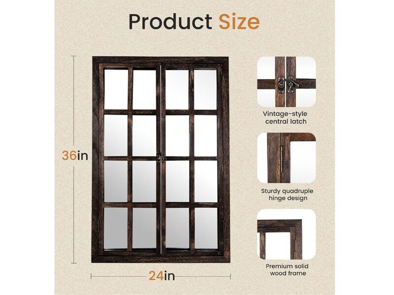 36x24 Rustic Windowpane Wall Mirror &ndash; Farmhouse Wood Frame Decor