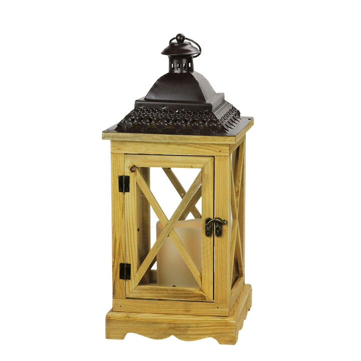 17.5" Rustic Wooden Lantern with Brown Metal Top and LED Flameless Pillar Candle with Timer