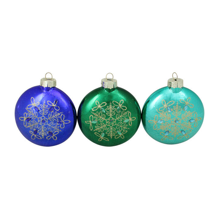 Set of 3 Blue and Green Glitter Snowflake Disc Shaped Glass Christmas Ornament 3.25" (82mm)