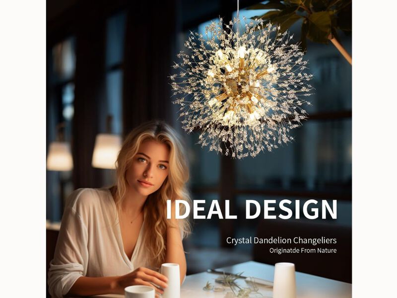 12-Light Gold Dandelion Crystal Chandelier &ndash; Firework Pendant for Dining Room, Bedroom & Entryway (G9 Bulbs Included)