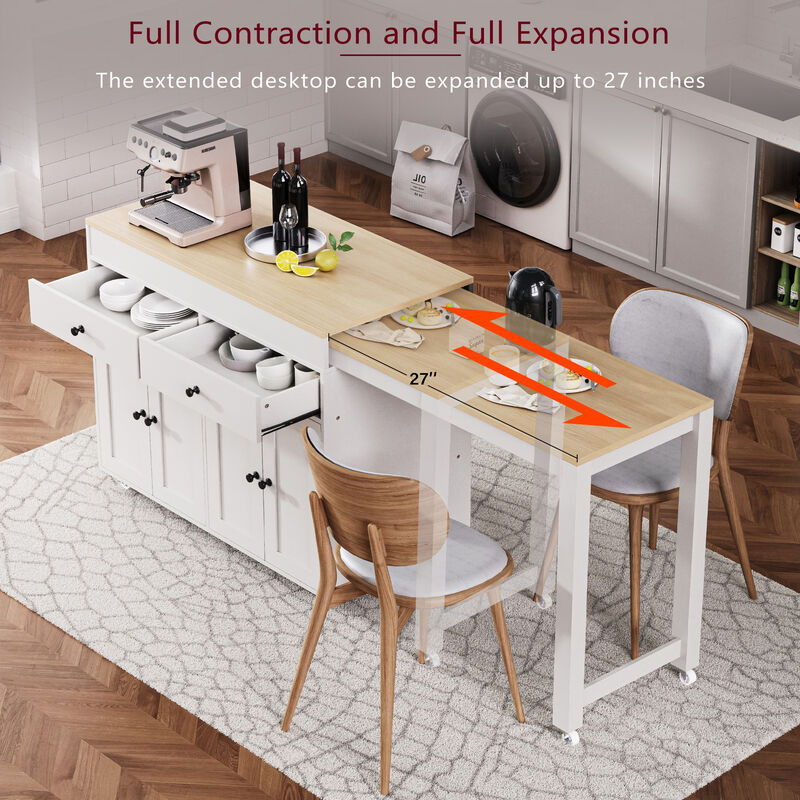 Whisen 74.5" Kitchen Island with Extendable Table, 2 Drawers & Wheels, Particle Board & MDF for Kitchen & Dining Room image number 7
