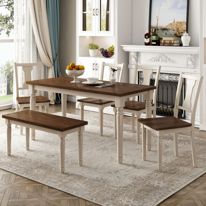 Classic 6-Piece Dining Set Wooden Table and 4 Chairs with Bench