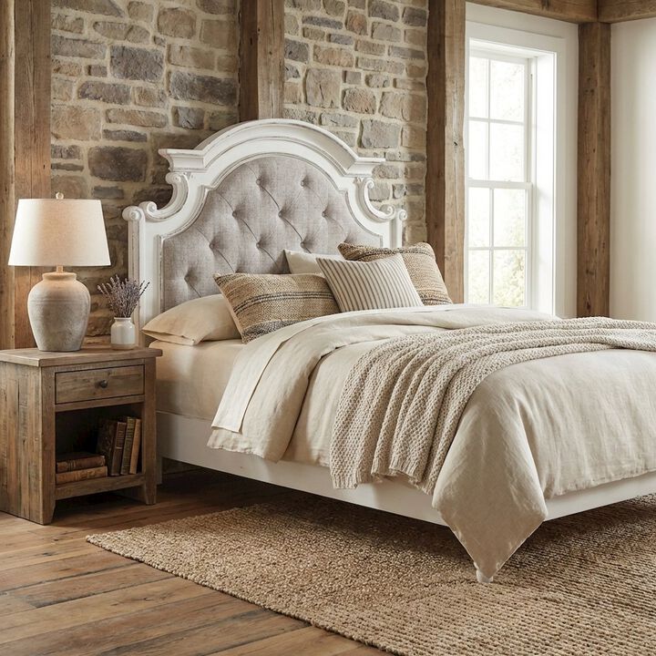 Liberty Furniture Antique White Upholstered Panel Headboard with Weathered Bark Wood Accents