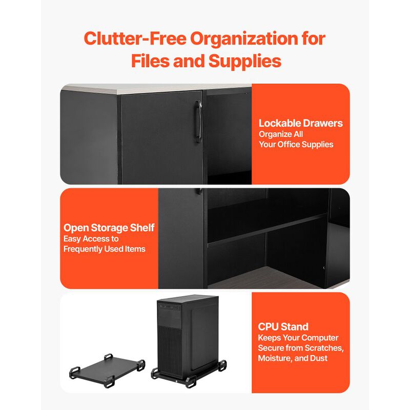 Modern L-Shaped Office Desk with CPU Stand, Storage Cabinet and Spacious Work Surface-Black image number 4