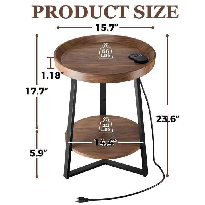 Gadroad Round End Table with Charging Station, USB Ports, Wood Tabletop & Black Metal Frame, 2-Tier Side Table for Living Room,