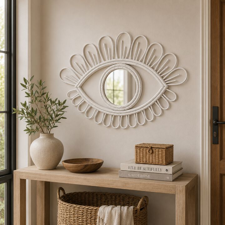 Davie Eye-Shaped Wall Mirror with Loop Details, White Natural Fiber