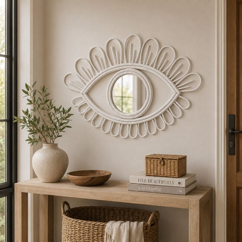 Davie Eye-Shaped Wall Mirror with Loop Details, White Natural Fiber image number 1
