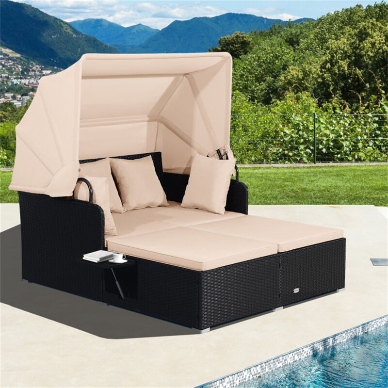 Rattan Daybed Lounge with Retractable Canopy, Side Tables & Cushions image number 2