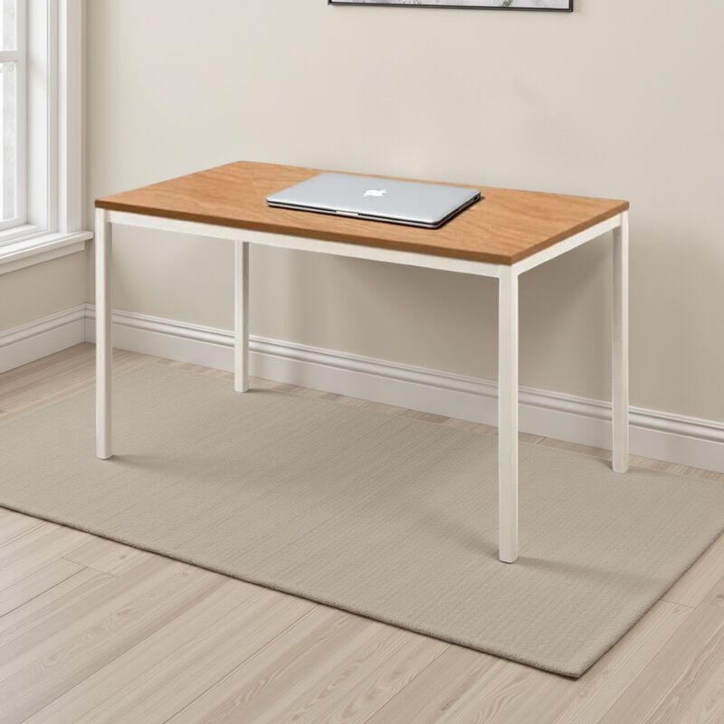 Rary Computer Writing Desk, 47 Inch, White Metal, Oak Brown Wood Top - Benzara