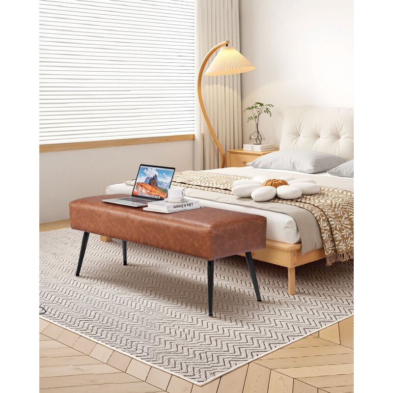 PU Leather Bedroom Bench with Legs, Upholstered Shoe Bench for Entryway and Hallway Seating-Brown image number 3