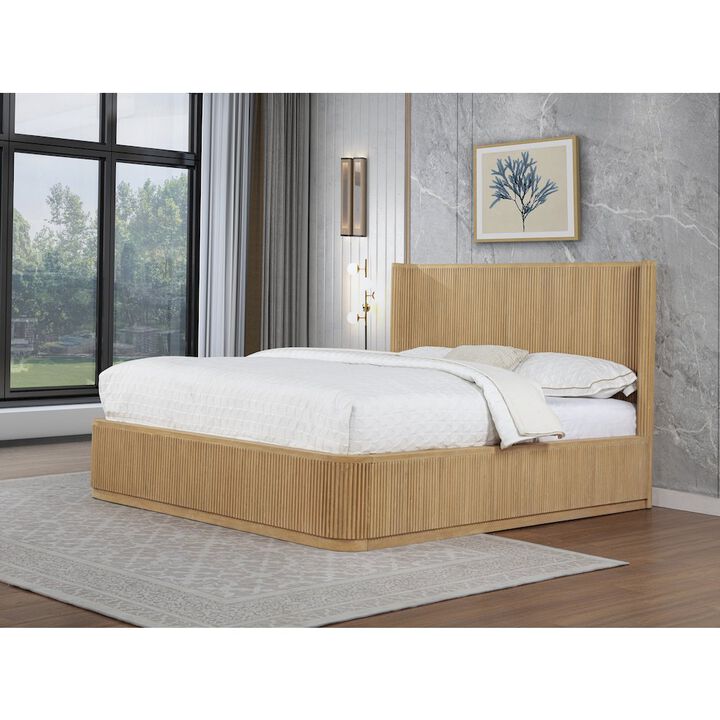 Best Master Furniture 89" Long Modern Fluted Platform Queen Bed Frame 47.5" High Headboard, Light Oak