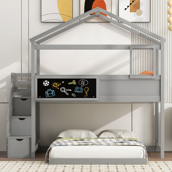 Whisen Twin over Full House Bunk Bed with Storage Staircase and Blackboard-Grey