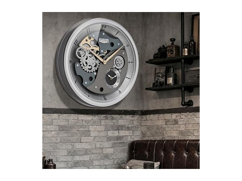 Industrial Moving Gears Dual Dials Wall Clock 20 Inch Silver Living Room Decor