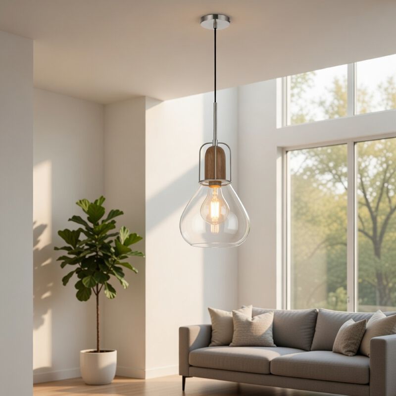 Pendant Light, Adjustable Height, Hand Blown Glass, Wood Accent, Silver image number 8