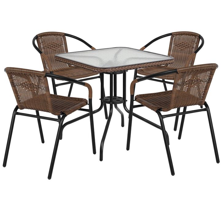 Flash Furniture Lila 28'' Square Glass Metal Table with Dark Brown Rattan Edging and 4 Dark Brown Rattan Stack Chairs
